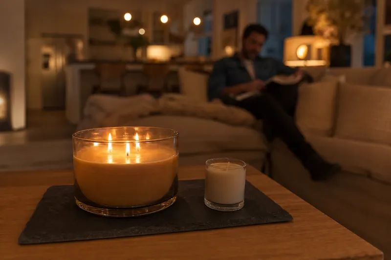 Grande bougie à trois mèches allumée sur un plateau, à côté d'une petite bougie à une mèche, dans un salon ouvert