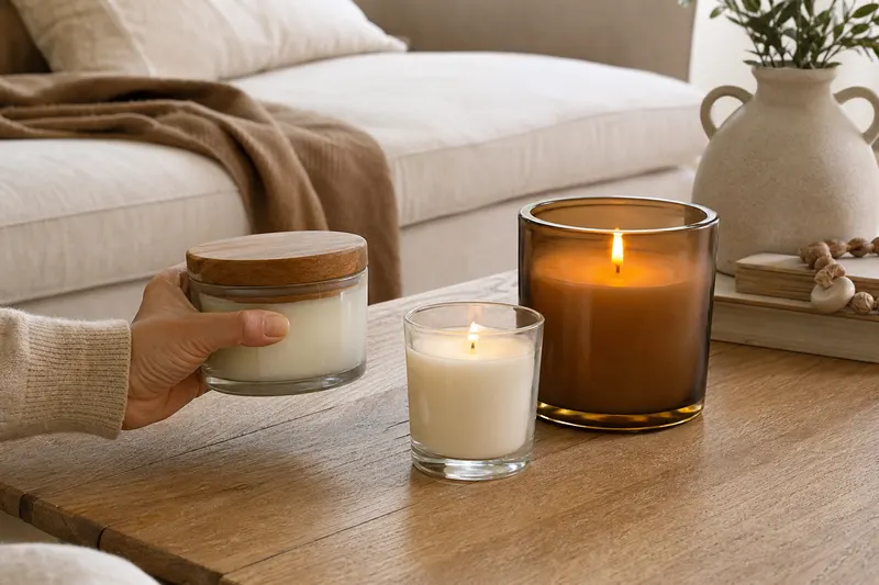 Trois bougies parfumées en pot de verre de gammes différentes allumées sur une table basse en bois