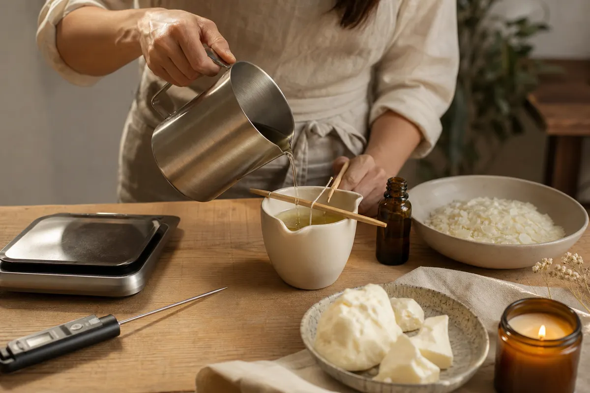 Bougie de massage maison coulée dans un pot à bec verseur, avec karité, cire de soja et huile sur un plan de travail