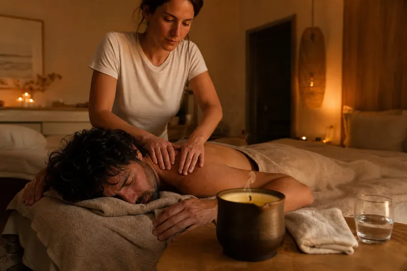 Massage des épaules à la lumière d'une bougie, pot de bougie de massage posé sur la table de chevet