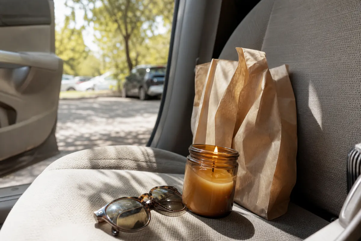 Bougie en pot de verre ambré à la cire fondue posée sur le siège passager d'une voiture garée au soleil