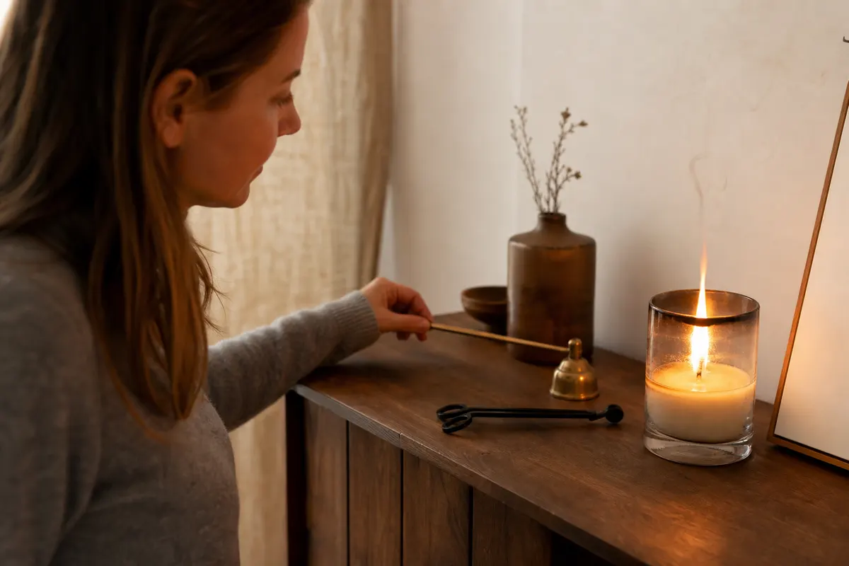 Bougie en pot au verre noirci de suie avec une flamme qui fume, éteignoir en laiton posé à côté