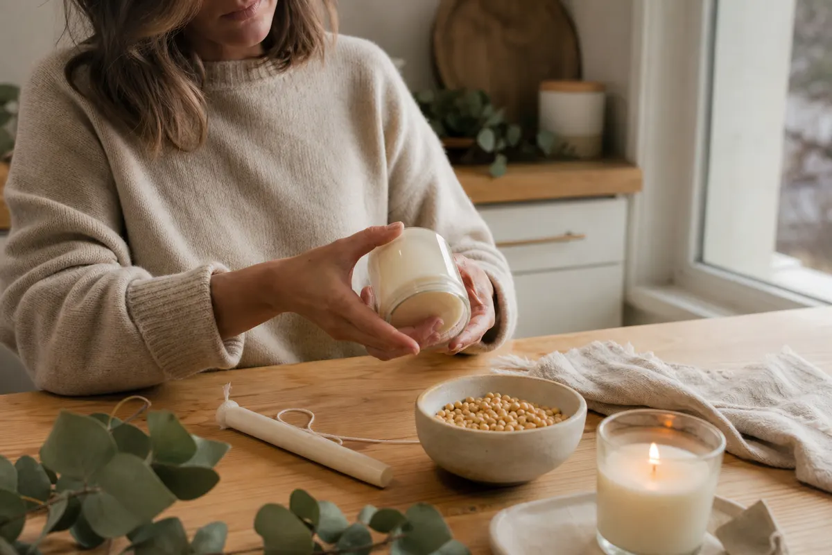 Une femme examine le dessous d'un pot de bougie en verre à côté de fèves de soja, d'une chandelle et d'une mèche en coton sur une table