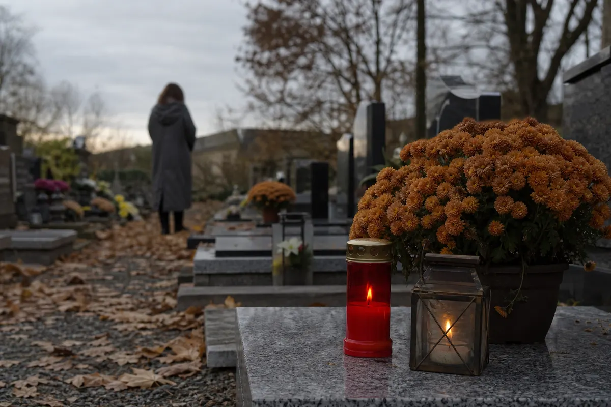 Veilleuse rouge à couvercle et lanterne allumées sur une pierre tombale, chrysanthèmes et feuilles mortes en novembre