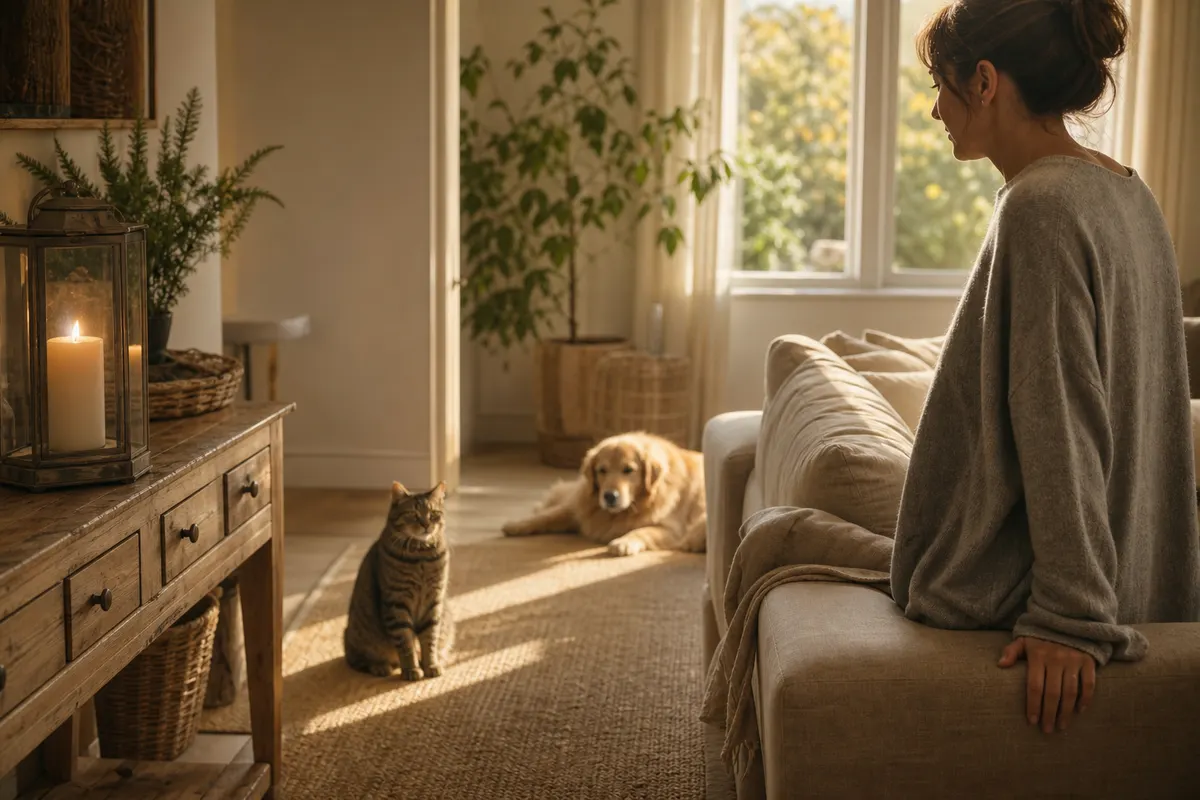 Chat et chien dans un salon avec une bougie protégée par une lanterne en verre posée en hauteur