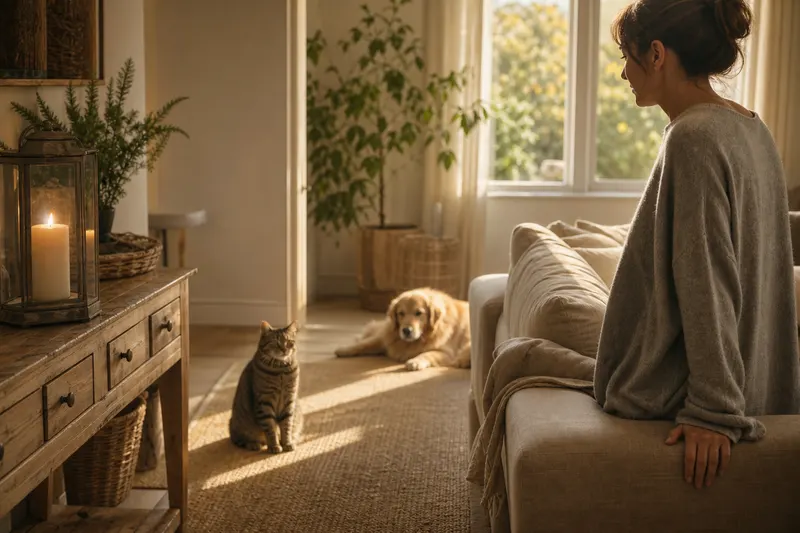 Chat et chien dans un salon avec une bougie protégée par une lanterne en verre posée en hauteur