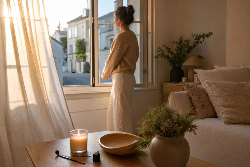 Salon aéré fenêtre ouverte avec une bougie en pot à flamme nette, coupe-mèche et éteignoir sur la table basse