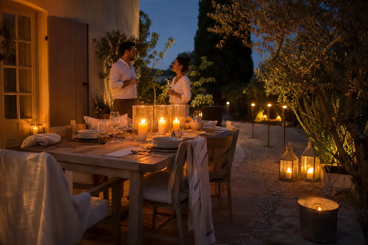 Table de terrasse éclairée par des photophores hauts et des lanternes fermées au crépuscule