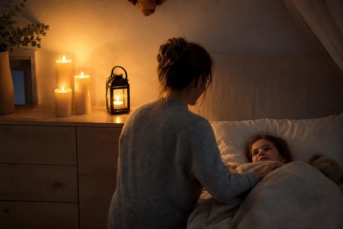 Bougies LED en cire ivoire allumées sur une commode dans une chambre d'enfant, lumière chaude au crépuscule
