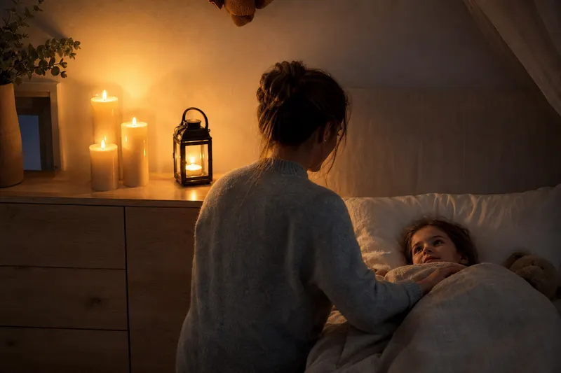 Bougies LED en cire ivoire allumées sur une commode dans une chambre d'enfant, lumière chaude au crépuscule