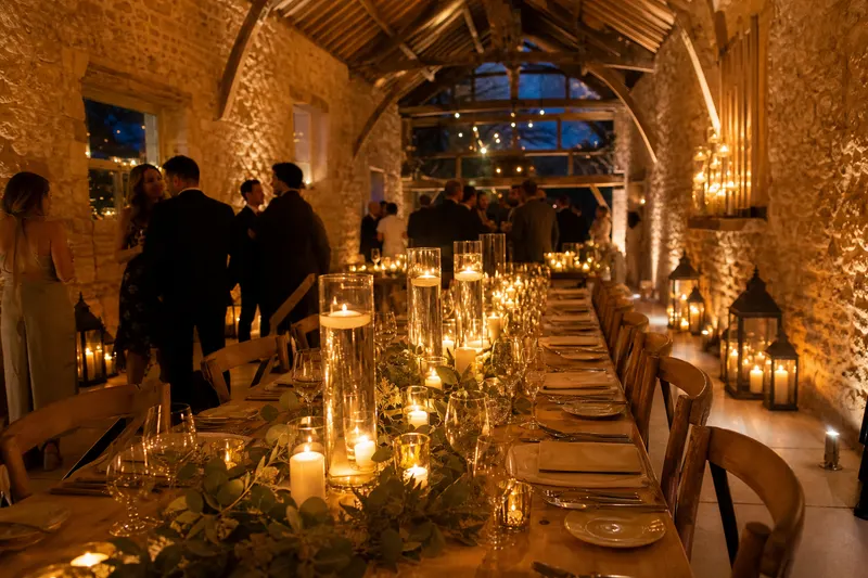 Longue table de mariage éclairée par un ruban de photophores et des vases à bougies flottantes dans une grange