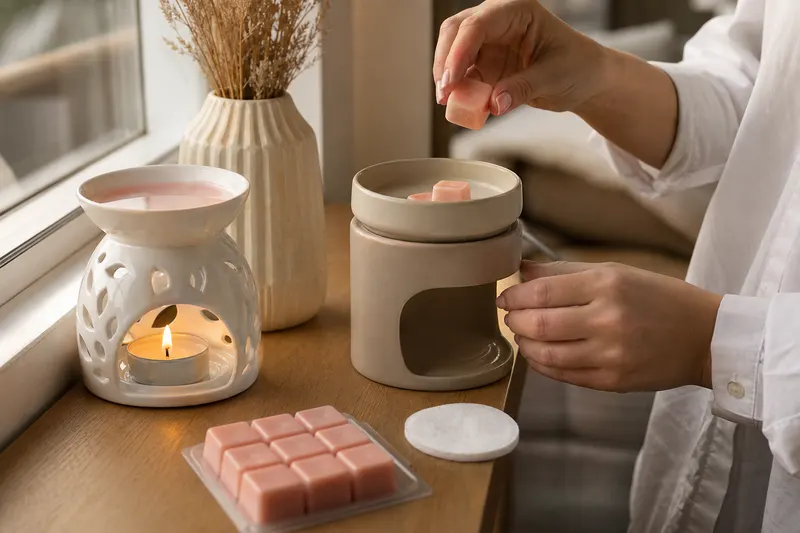 Brûle-parfum à chauffe-plat et brûle-parfum électrique côte à côte, avec des fondants parfumés
