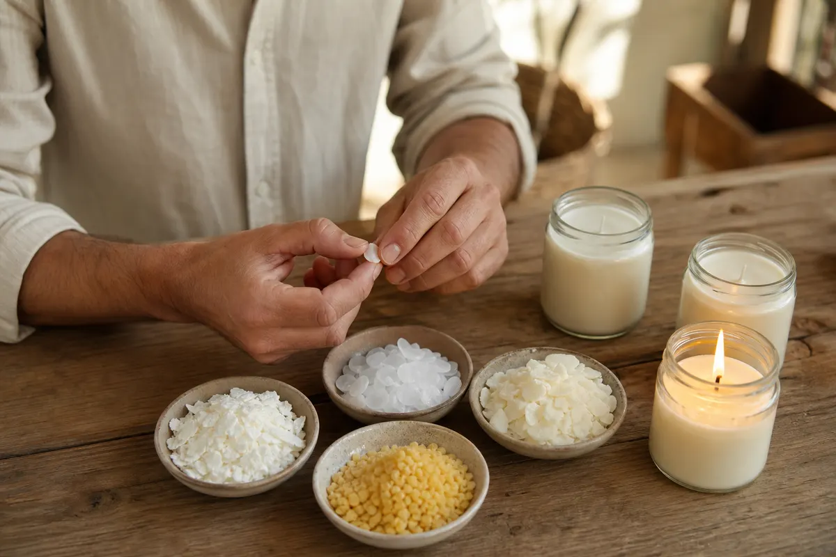 Coupelles de cire de soja, paraffine, abeille et colza sur une table d'atelier, avec des bougies en pot