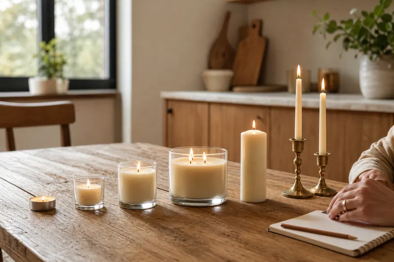 Différents formats de bougies alignés sur une table en bois, du chauffe-plat au pilier et aux chandelles