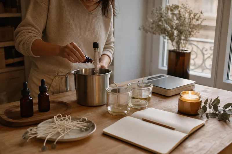 Dosage au gramme près d'une fragrance versée dans de la cire de soja fondue sur un établi