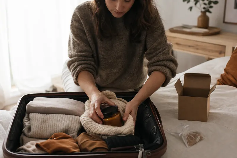 Bougie en pot de verre ambré glissée dans un pull roulé au centre d'une valise ouverte sur un lit