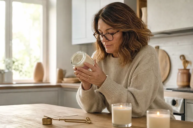 Une femme lit l'étiquette sous un pot de bougie en verre dans une cuisine lumineuse