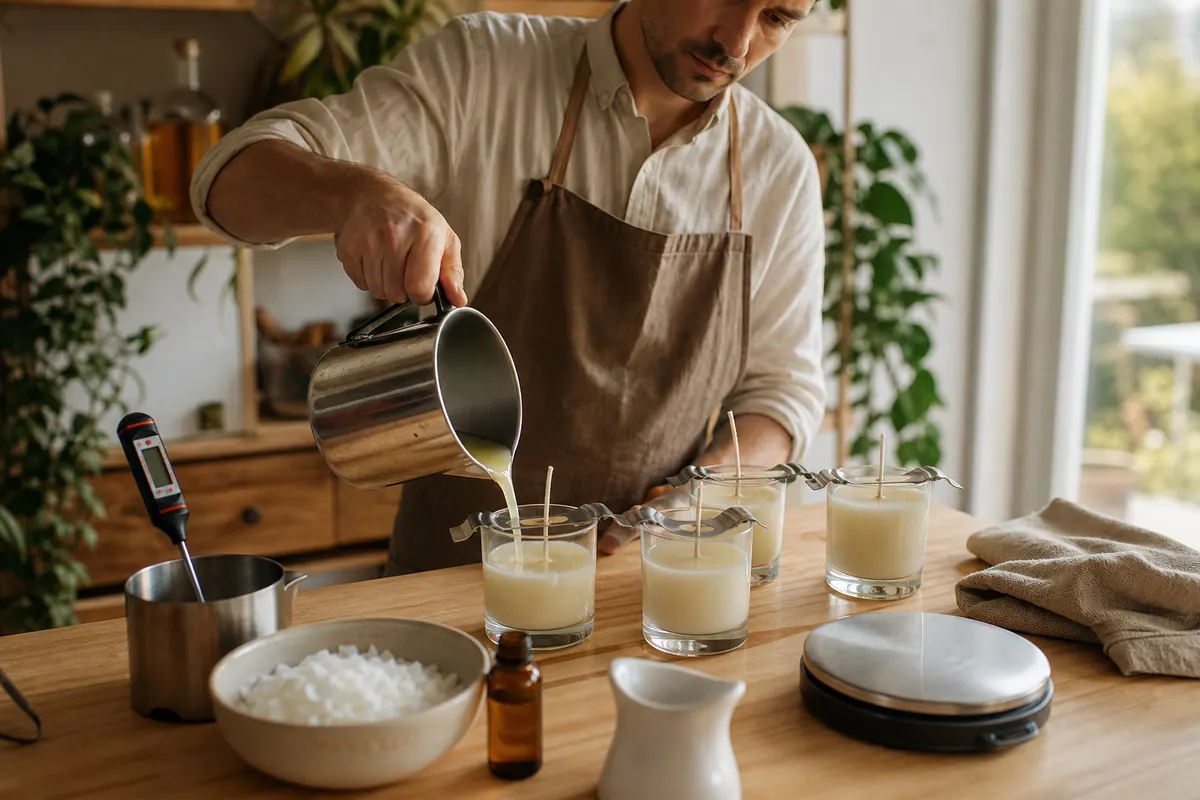 Homme versant de la cire de soja fondue dans un pot en verre, mèches centrées et thermomètre sur un établi
