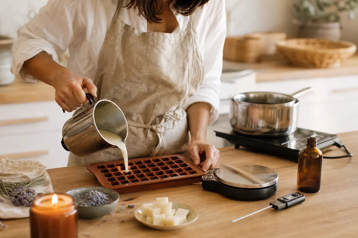 Coulée de cire parfumée dans un moule en silicone à cubes sur un plan de travail en bois