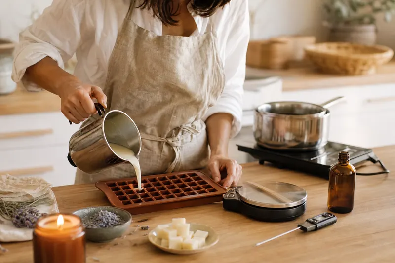 Coulée de cire parfumée dans un moule en silicone à cubes sur un plan de travail en bois