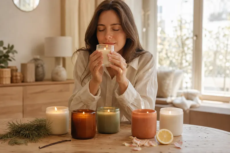 Femme sentant une bougie parfumée, entourée de bougies en pot et de matières odorantes : cèdre, vanille, citron, rose
