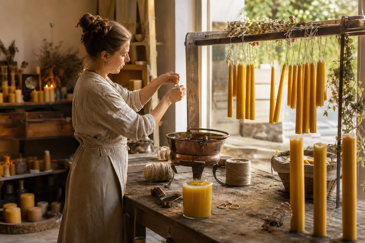 Atelier de cirier avec chandelles de cire d'abeille au trempage, chaudron de cire et bobines de mèche tressée