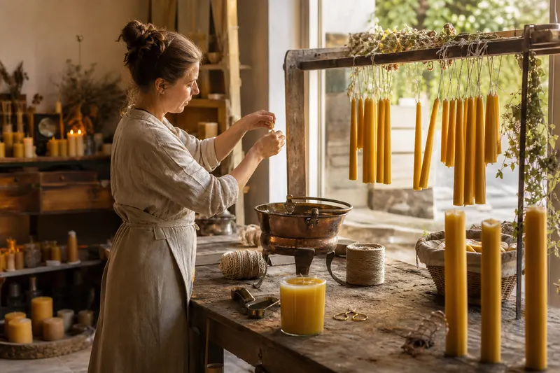 Atelier de cirier avec chandelles de cire d'abeille au trempage, chaudron de cire et bobines de mèche tressée