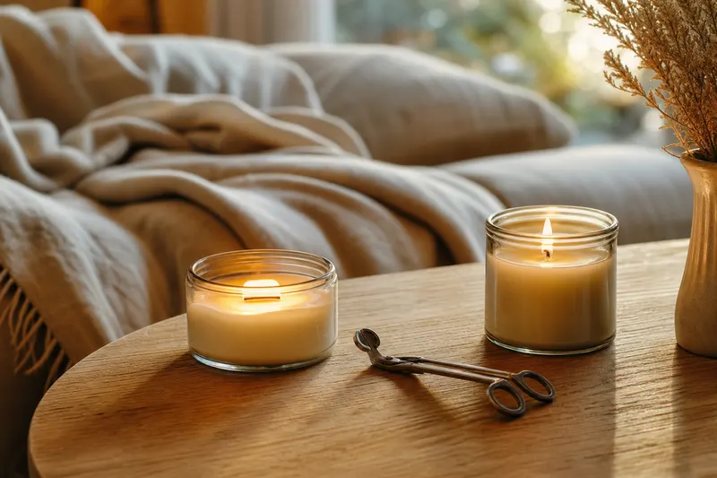 Deux bougies en pot allumées côte à côte, mèche en bois et mèche en coton, sur une table basse en bois