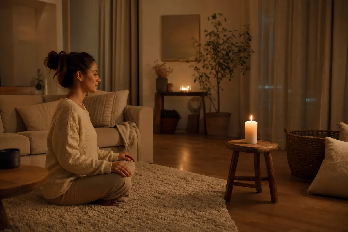 Femme assise en tailleur dans un salon en pénombre, le regard posé sur la flamme d'une bougie blanche