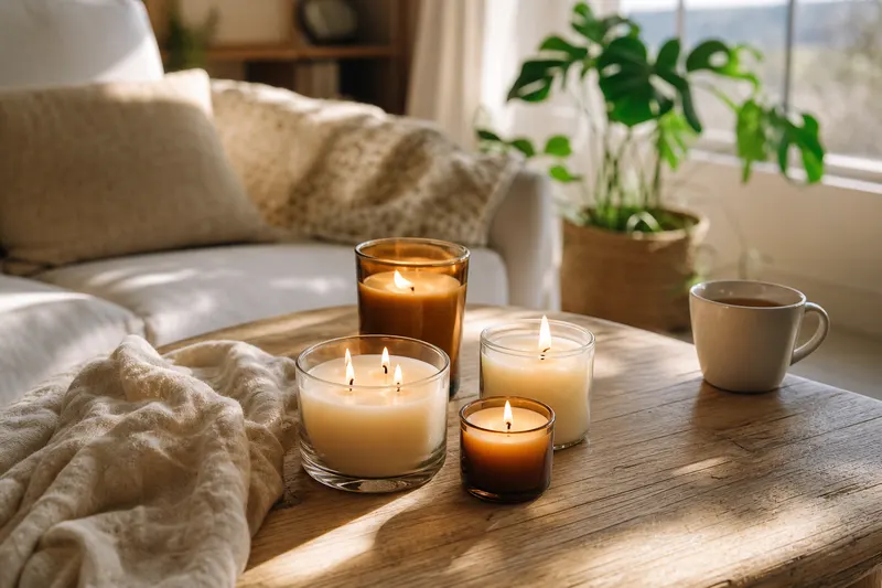 Plusieurs bougies en cire de soja dans des pots en verre sur une table basse en bois, l'une allumée à trois mèches