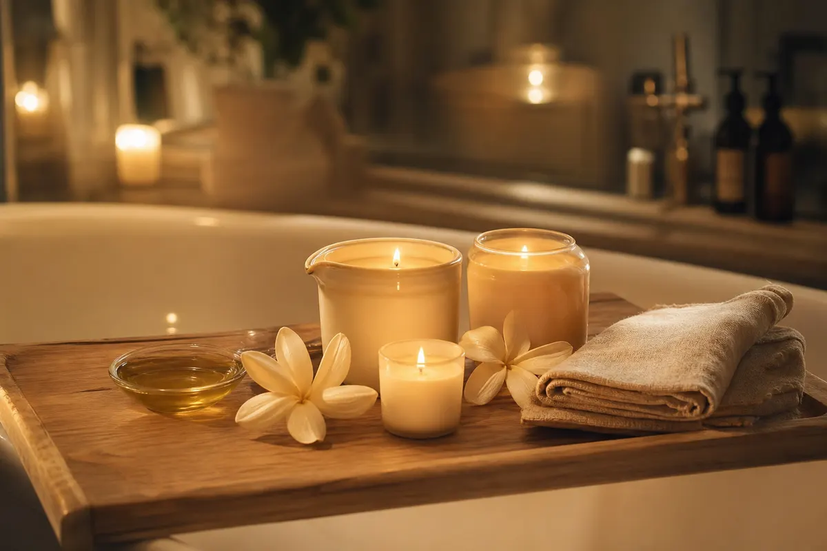 Trois pots de bougie de massage sur un plateau en bois au bord d'une baignoire, lumière dorée