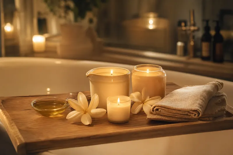 Trois pots de bougie de massage sur un plateau en bois au bord d'une baignoire, lumière dorée