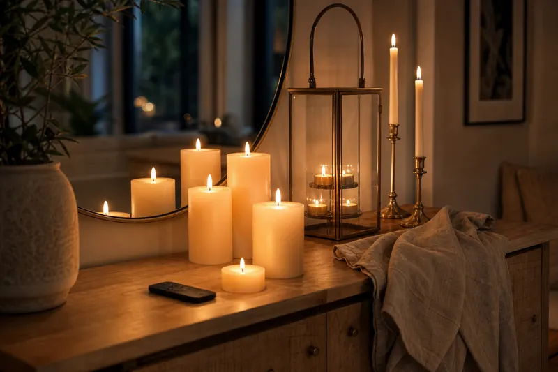 Groupe de bougies LED ivoire de différentes hauteurs et lanterne en verre avec chauffe-plat LED sur une console en bois