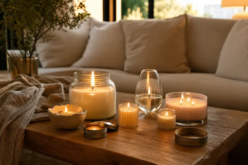 Sept bougies parfumées de formats différents réunies sur une table basse en bois, plusieurs allumées
