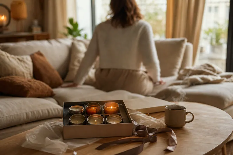 Coffret cadeau ouvert avec plusieurs petites bougies parfumées sur une table basse, l'une allumée, ruban et papier de soie