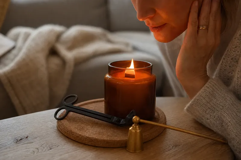 Bougie parfumée à mèche en bois qui crépite sur une table basse, coupe-mèche et éteignoir posés à côté