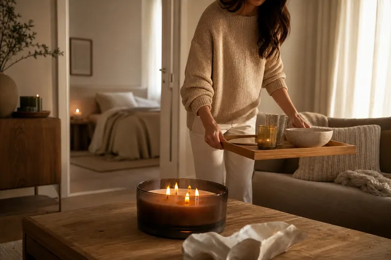Bougie à trois mèches allumée sur une table basse, chambre visible en arrière-plan avec une petite bougie