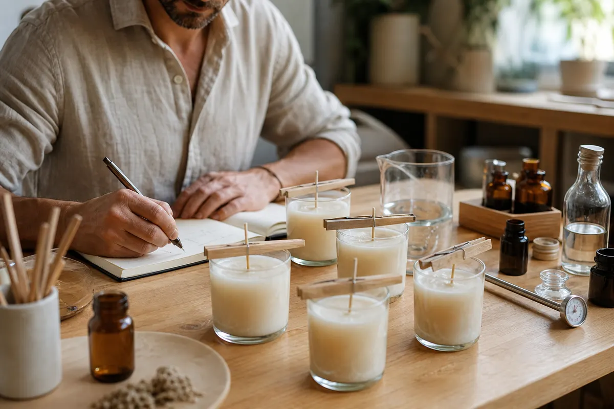 Bougies artisanales en cours de refroidissement sur une table d'atelier, avec thermomètre, pichet et carnet de notes