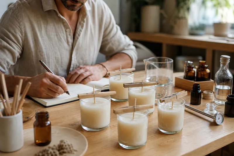 Bougies artisanales en cours de refroidissement sur une table d'atelier, avec thermomètre, pichet et carnet de notes