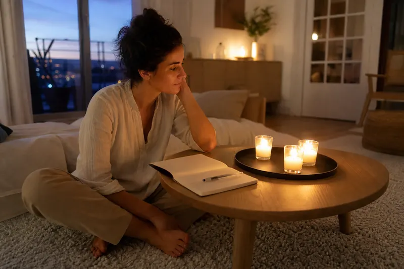 Femme assise devant un plateau de bougies votives allumées et un carnet ouvert posé à côté