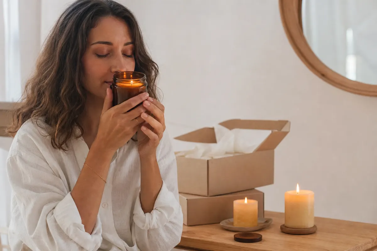 Une femme sent une vieille bougie parfumée en pot de verre retrouvée dans un carton, sur un buffet en bois