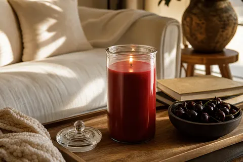 Grande jarre en verre à cire rouge cerise allumée sur une table basse, couvercle posé à côté