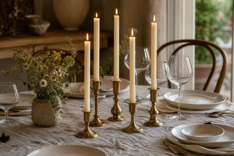 Chandelles ivoire allumées dans des bougeoirs en laiton sur une table de dîner en lin