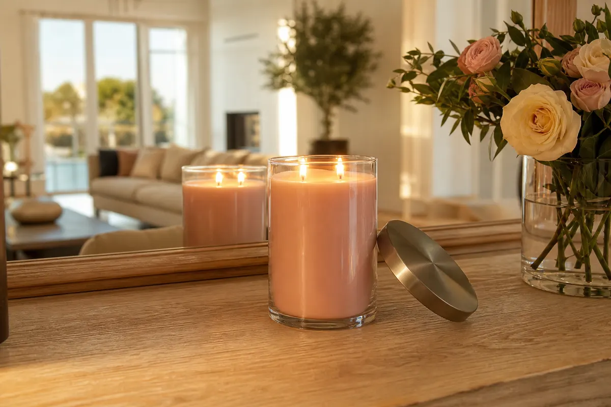 Grande bougie parfumée rose pâle allumée dans son pot en verre, sur une console en bois près d'un bouquet de roses