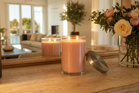 Grande bougie parfumée rose pâle allumée dans son pot en verre, sur une console en bois près d'un bouquet de roses
