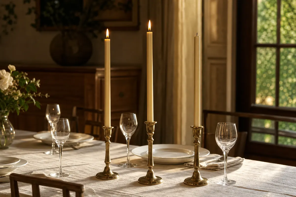 Trois chandelles champagne de 25 cm dans des bougeoirs en laiton sur une table nappée de lin