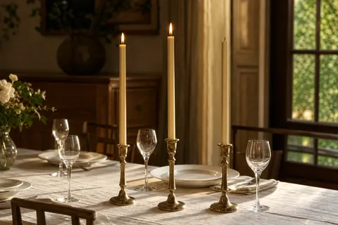 Trois chandelles champagne de 25 cm dans des bougeoirs en laiton sur une table nappée de lin