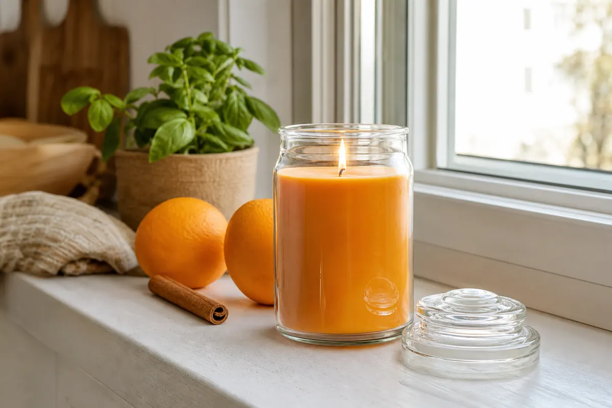 Grande bougie en jarre de verre à cire orange, mèche allumée, sur le rebord d'une fenêtre de cuisine