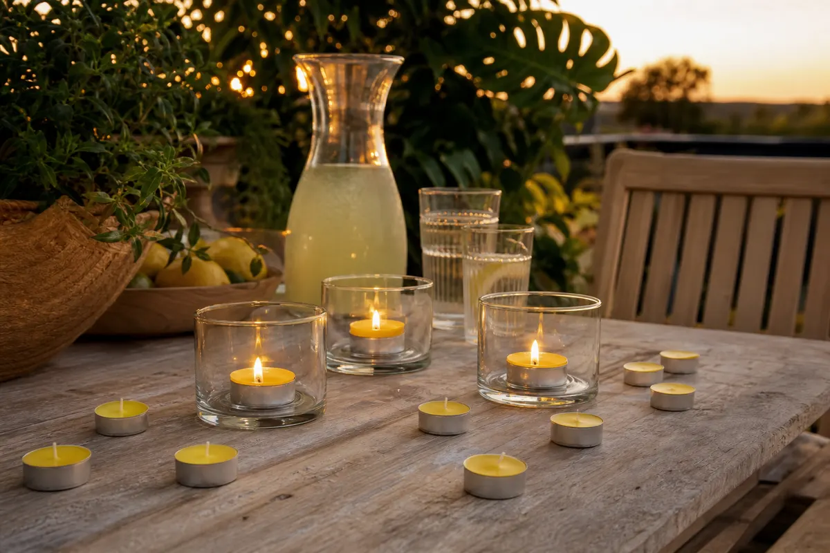 Bougies chauffe-plat jaunes à la citronnelle, dont trois allumées dans des photophores, sur une table de jardin