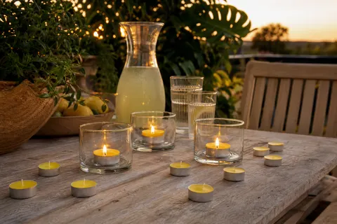 Bougies chauffe-plat jaunes à la citronnelle, dont trois allumées dans des photophores, sur une table de jardin